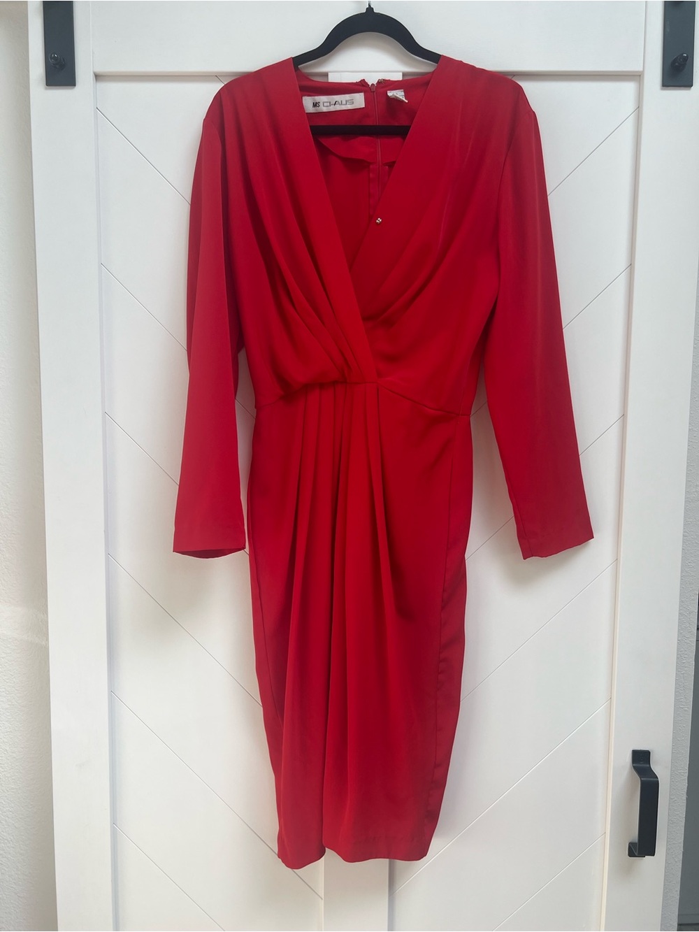 Chaus Red Draped V-Neck Long Sleeve Dress